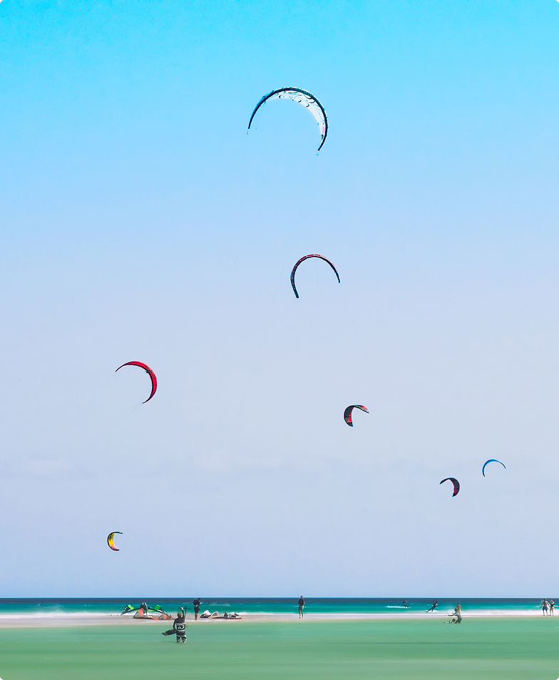 Kitesurfers and kites fill a serene coastal sky.